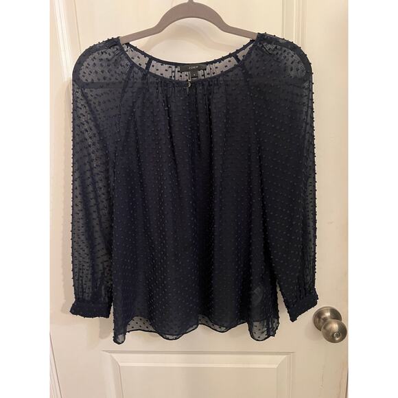 J. Crew Women's Navy Blue Silk Swiss Dot Textured 2 Blouse Peasant Keyhole Sheer - Picture 1 of 7